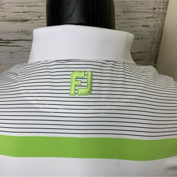 Footjoy Golf White Stripes Green Polo Shirt 1/4 Buttons Active Short Sleeve Sz L - Picture 6 of 12